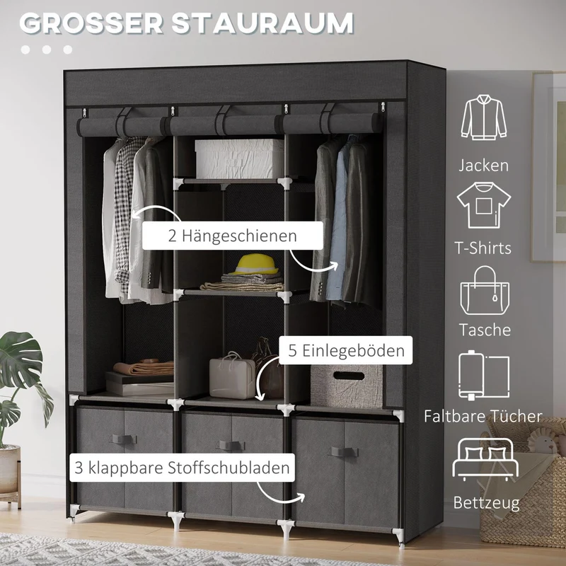 HOMCOM - Stoffkleiderschrank, Faltschrank, Faltbarer Kleiderschrank, Stoffschrank, Garderobe Faltbar, mit Reißverschluss, Vliesstoff, Dunkelgrau