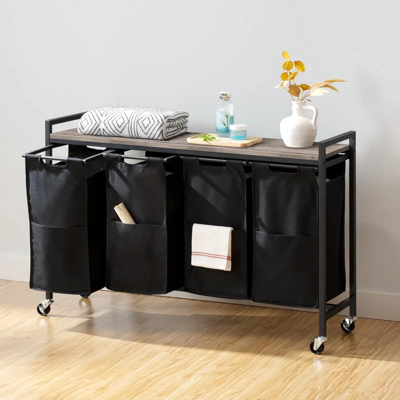 HOOBRO - Wäschesortierer 4 Fächer, Wäschewagen mit rollen, 4 x 39.8 L, Wäschekorb mit Ablage, Wäschesack aus Oxford-Gewebe, Greige-Schwarz