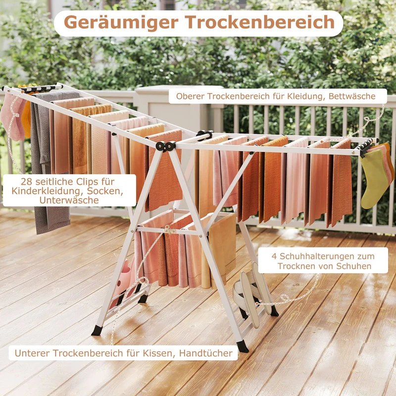 Costway - Wäscheständer Platzsparend, Wäscheständer Klappbar, Höhenverstellbare Flügeln, Sockenklammern & Schuhablage, Lange 184cm, Weiß