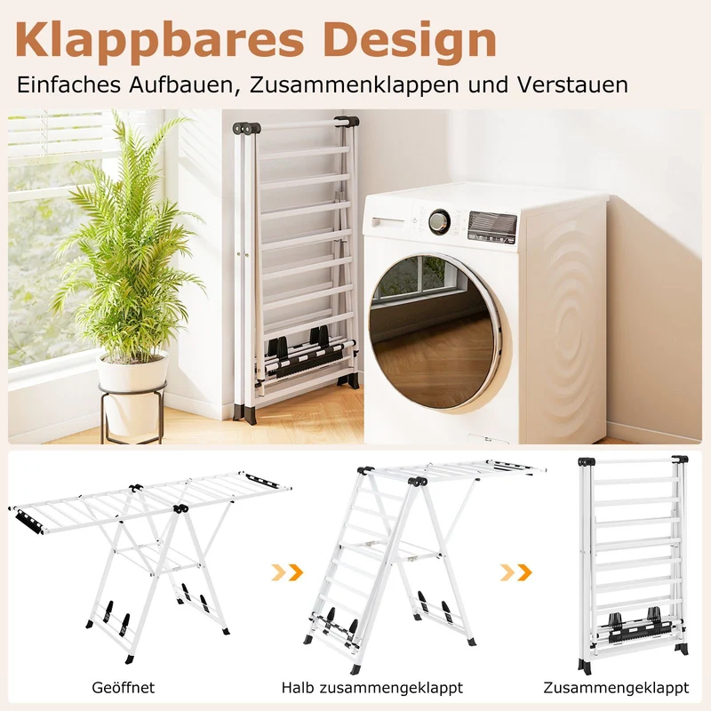 Costway - Wäscheständer Platzsparend, Wäscheständer Klappbar, Höhenverstellbare Flügeln, Sockenklammern & Schuhablage, Lange 184cm, Weiß