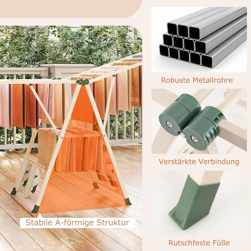 Costway - Wäscheständer Platzsparend, Wäscheständer Klappbar, Höhenverstellbare Flügeln, Wäscheständer Groß, Länge 184cm, Beige