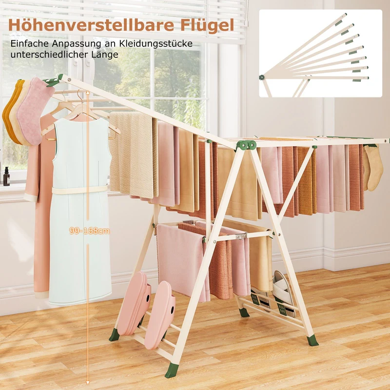 Costway - Wäscheständer Platzsparend, Wäscheständer Klappbar, Höhenverstellbare Flügeln, Wäscheständer Groß, Länge 184cm, Beige