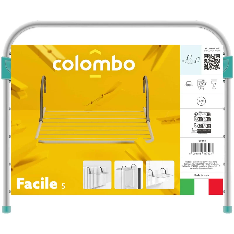 Colombo Facile 5 – Klappbarer Heizkörper- und Balkonwäscheständer, 5 m Trockenlänge, Stahl und Kunststoff, Made in Italy