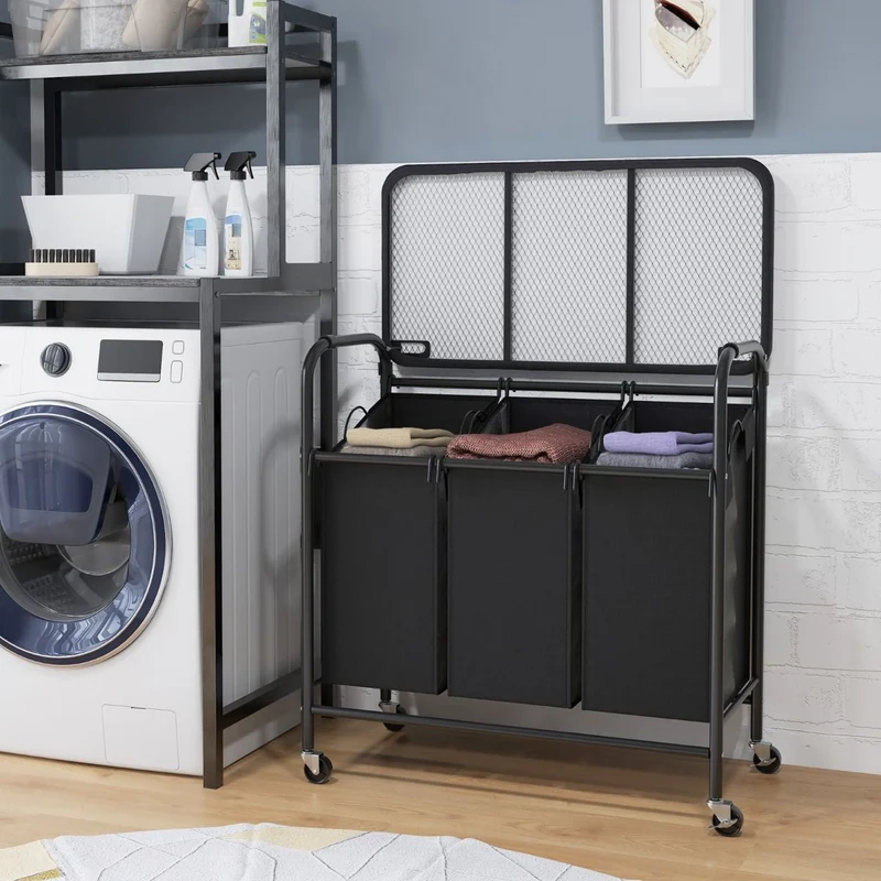 Costway – Wäschesortierwagen mit Bügelbrett, 3 herausnehmbare Wäschesäcke à 33 l, Rollen, 80,5 × 41,5 × 87,5 cm, Schwarz