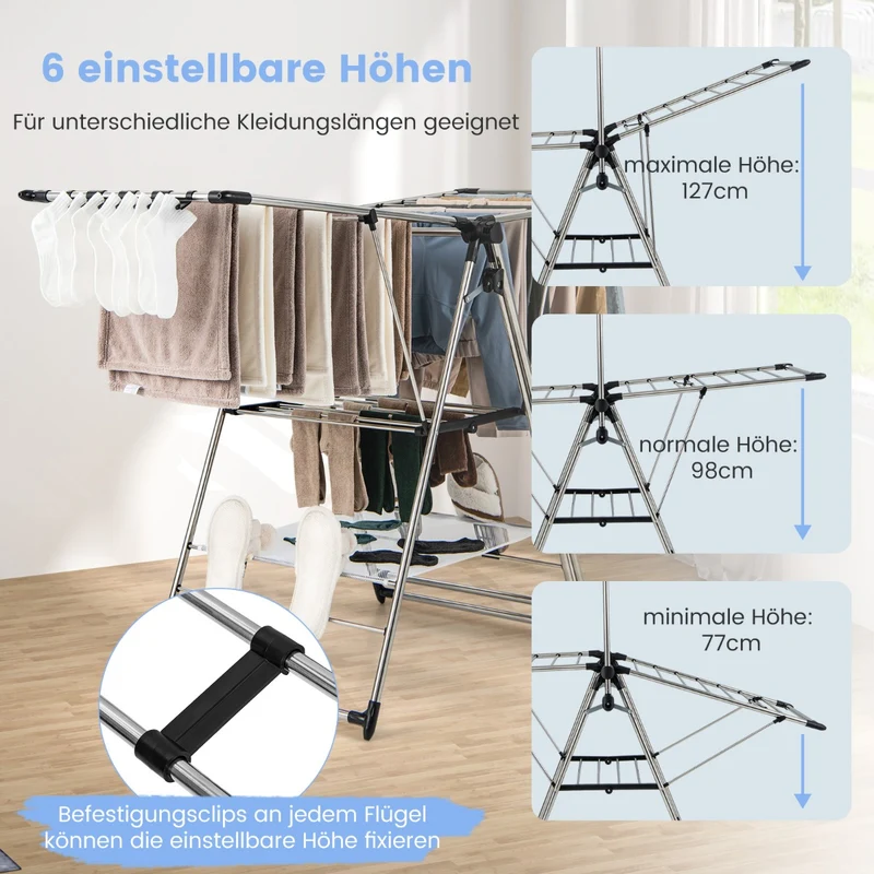 Costway – Klappbarer 3-stufiger Wäscheständer mit höhenverstellbaren Flügeln, Clips und 4 Schuhhaltern, bis 36 kg