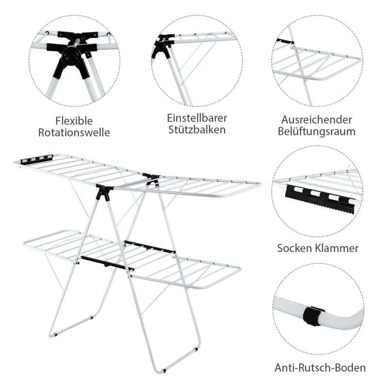 Costway - Wäscheständer Klappbar, 2-Stufiger, Wäscheständer Platzsparend, mit Höhenverstellbaren Flügeln, 154x55,5x112 cm, Wäscheständer Balkon, Weiß