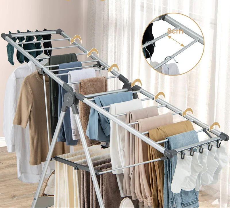 Costway - Wäscheständer Klappbar, mit 5-stufiger Höhenverstellung, Wäscheständer Platzsparend, 21 Wäschestangen, 10 Seitenklammern, Silber