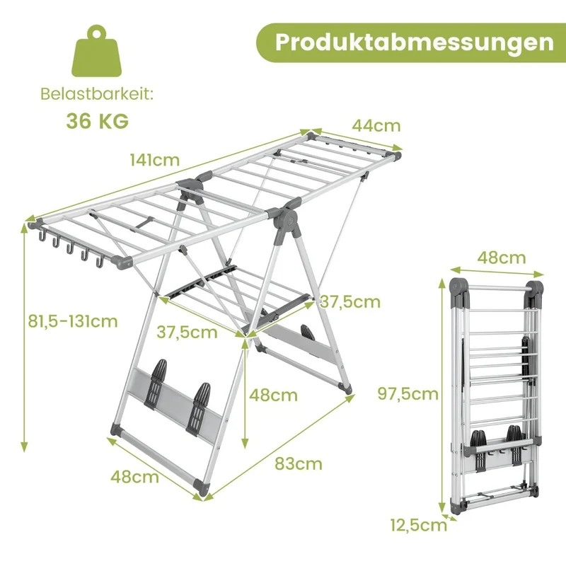 Costway - Wäscheständer Klappbar, mit 5-stufiger Höhenverstellung, Wäscheständer Platzsparend, 21 Wäschestangen, 10 Seitenklammern, Silber