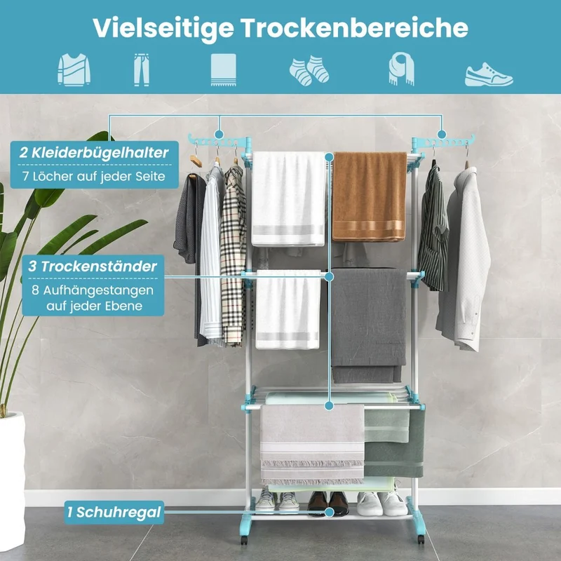Costway – Klappbarer Turmwäscheständer mit 4 Ebenen, Seitenflügeln, Schuhablage und Rollen, 127 × 63 × 171 cm, Blau.