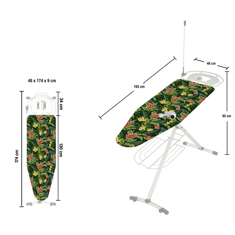 Colombo GIOVE - Bügelbrett, Bügeltisch, 130x44cm mit Rollen, Bügelbrett mit steckdose, Bügelbrett für dampfbügelstation, Bügelbrettbezug 100% Baumwolle