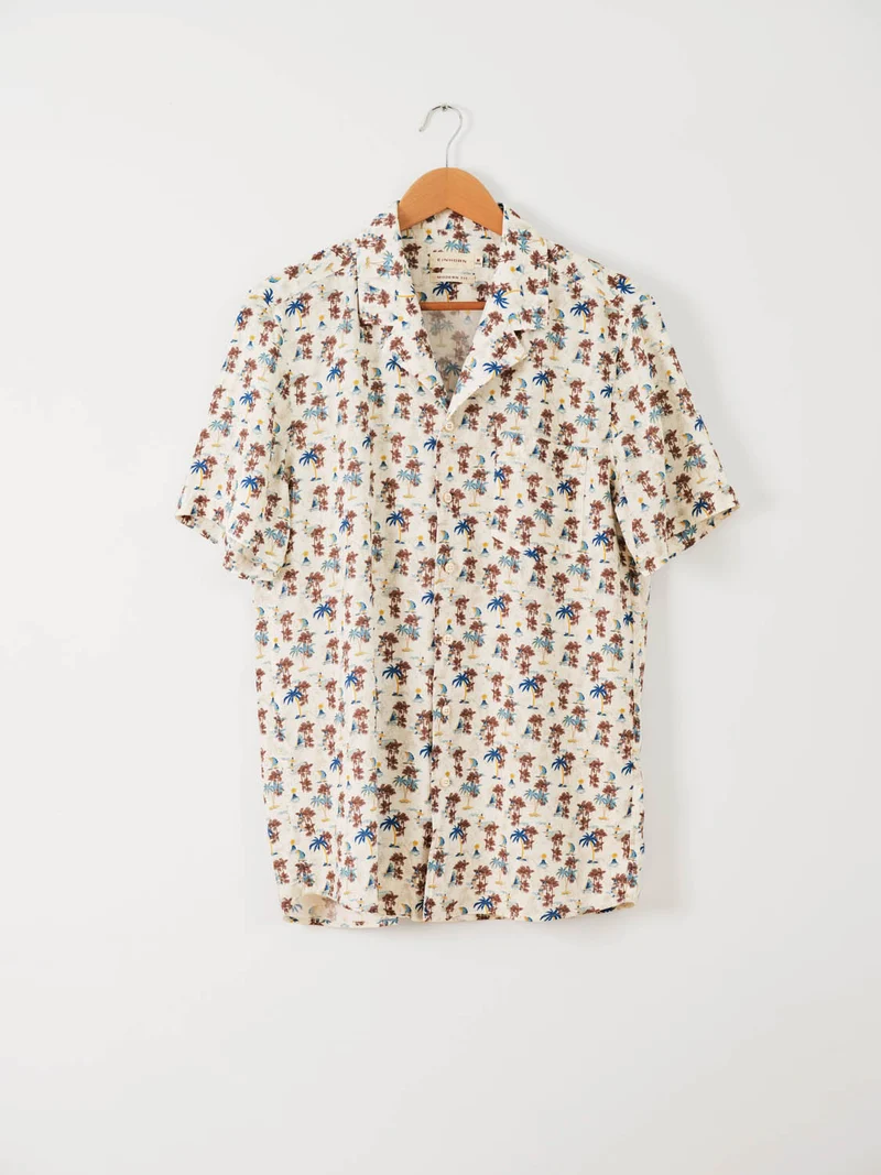 Resort Shirt Gewaschen Palmen Print Grün/ Weiss