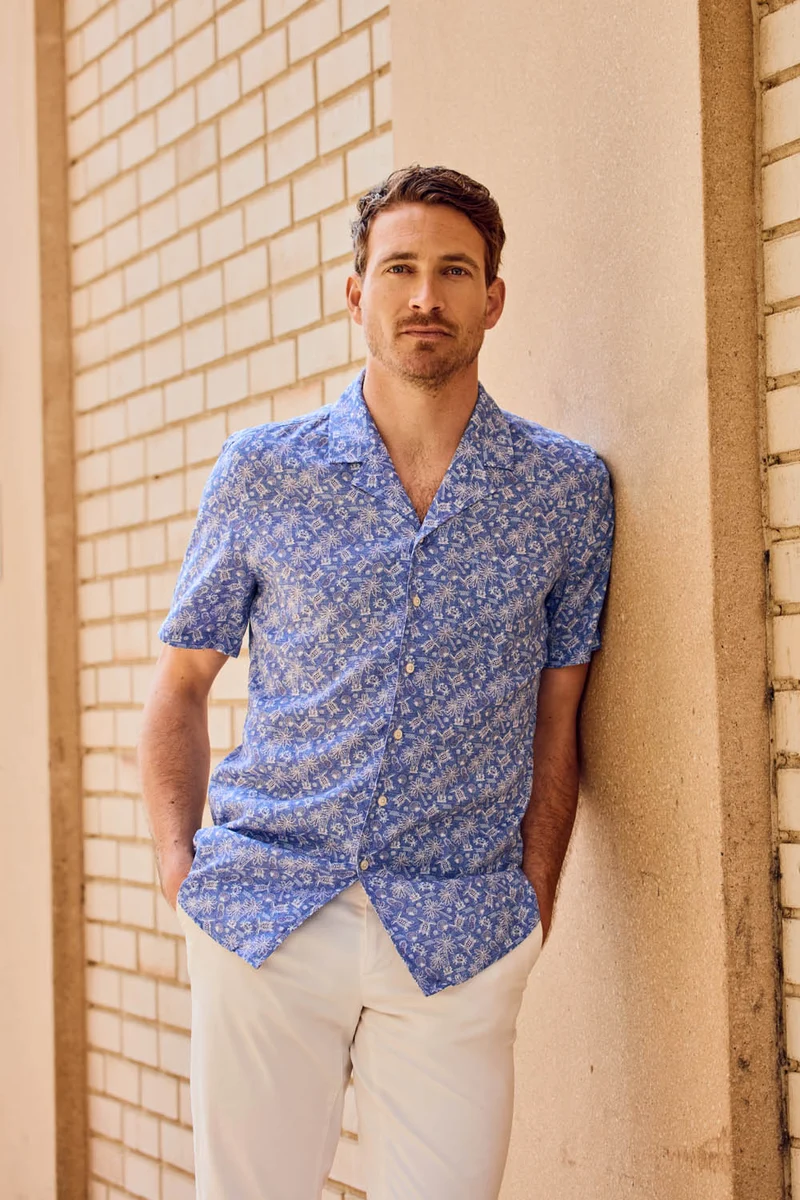 Resort Shirt Gewaschen Print Blau
