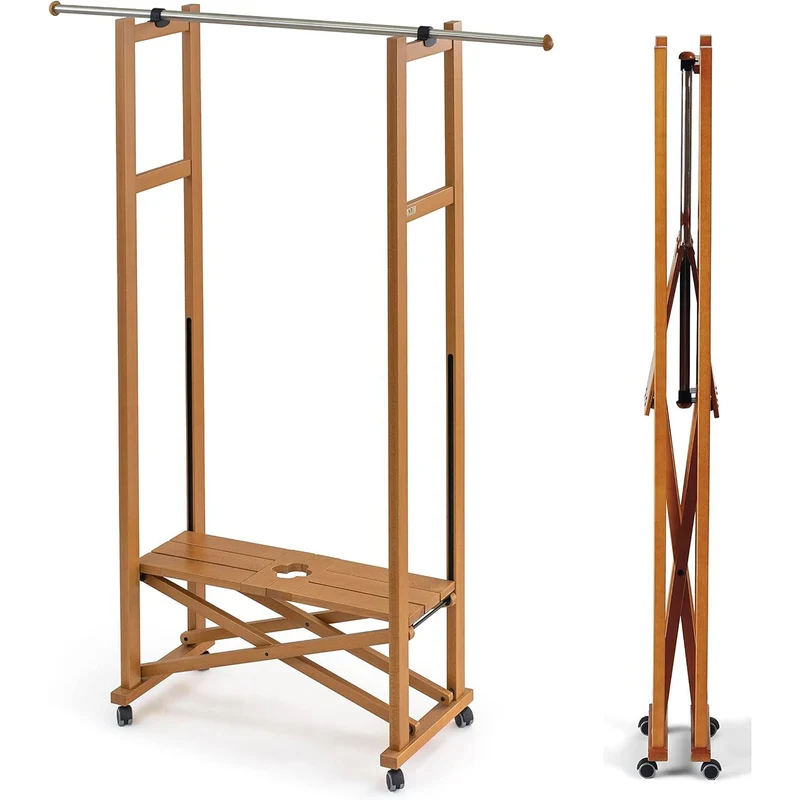 ARIT Elios – Kleiderständer aus Buchenholz auf Rollen, klappbar, ausziehbare Kleiderstange 78–140 cm, Kirschbaumfarbe, Made in Italy