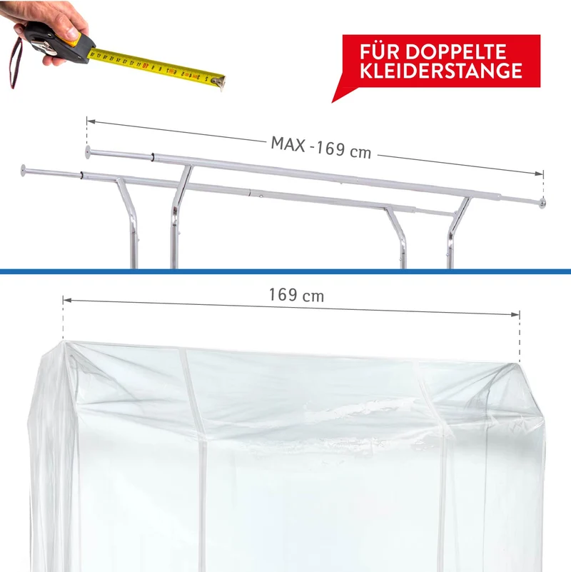 Tatkraft Safe - Kleiderständer Abdeckung, Transparent, 169×90×170 cm, Schutzhülle für Kleiderständer Doppel, 2 Reißverschlüsse, Staubschutz, UV-Schutz