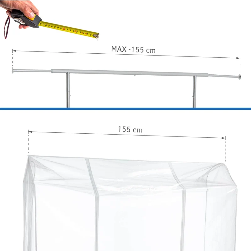 Tatkraft Schild – Wasserdichte Schutzhülle für Kleiderständer, UV-Schutz, 155 × 60 × 160 cm, transparent, 2 Reißverschlüsse
