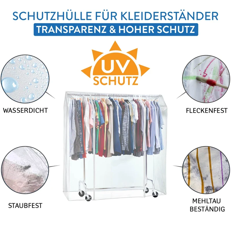 Tatkraft Schild – Wasserdichte Schutzhülle für Kleiderständer, UV-Schutz, 155 × 60 × 160 cm, transparent, 2 Reißverschlüsse
