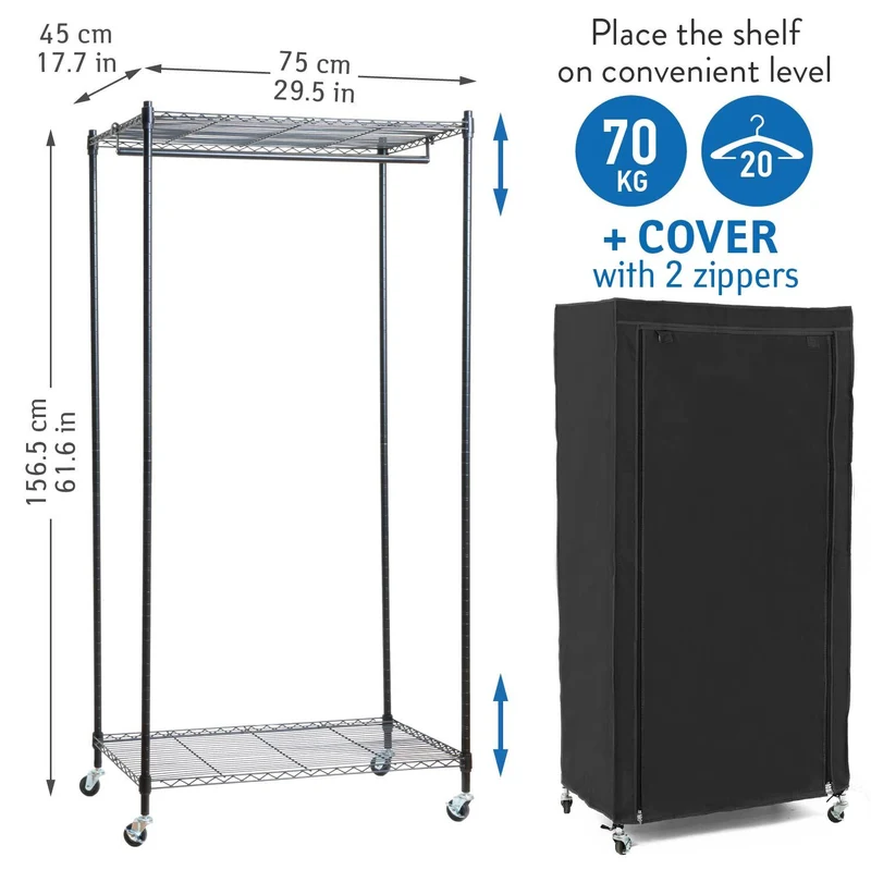 art moon Buffalo Schwerlast Faltschrank mit Rollen, bis 70 kg, Kellerschrank, 75×45×156,5 cm, 2 Ablagen, Stoffschrank Stabil, Stahl, Schwarz