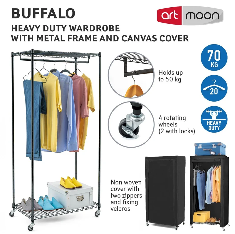 art moon Buffalo Schwerlast Faltschrank mit Rollen, bis 70 kg, Kellerschrank, 75×45×156,5 cm, 2 Ablagen, Stoffschrank Stabil, Stahl, Schwarz