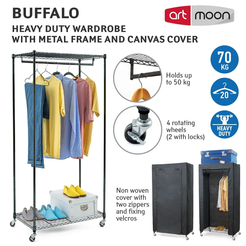 art moon Buffalo Schwerlast Faltschrank auf Rollen, bis 70kg, Kellershrank, Stoffschrank Stabil, Kleiderständer mit Ablage + Hülle, Stahl, Schwarz