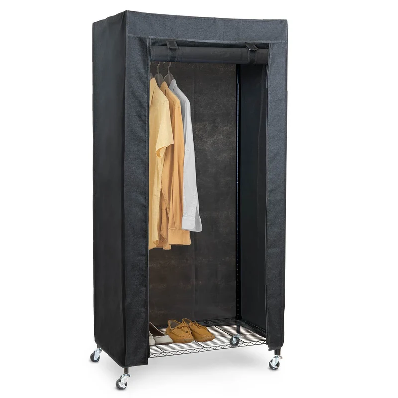 art moon Buffalo Schwerlast Faltschrank auf Rollen, bis 70kg, Kellershrank, Stoffschrank Stabil, Kleiderständer mit Ablage + Hülle, Stahl, Schwarz