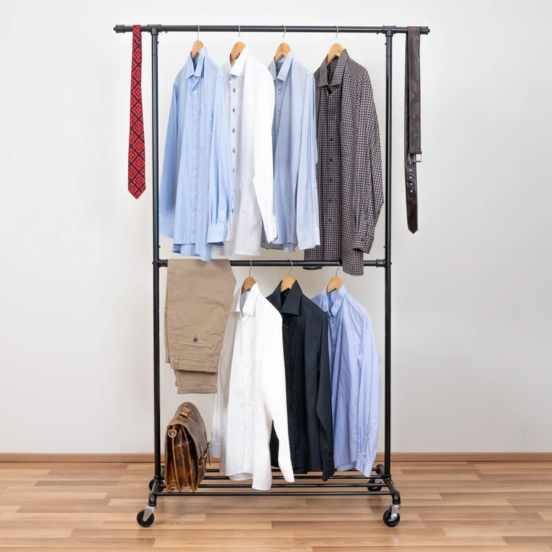 Tatkraft Drago – Stabiler Schwerlast-Kleiderständer auf Rollen, 2 Kleiderstangen, Ablage, bis 110 kg, 130 × 49 × 198 cm, pulverbeschichteter Stahl, Schwarz