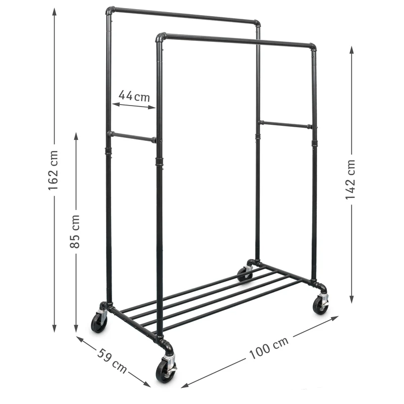 Tatkraft Pantera - Schwerlast Kleiderständer mit Rollen, bis 110 kg, mit 2 Kleiderstangen und Ablage, Garderobenständer Stabil, aus Metall, Schwarz
