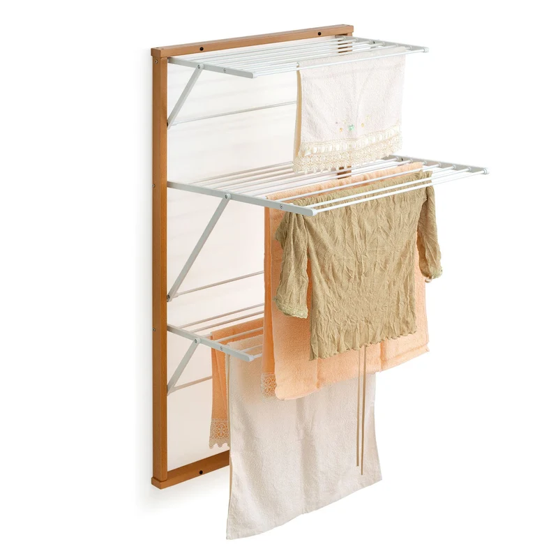ARIT KARIM – Wand Wäscheständer, Wäscheständer Wand klappbar, Made in Italy, 15 m Trockenlänge, 119×63×68 cm, nur 6 cm tief, Aluminium und Buchenholz