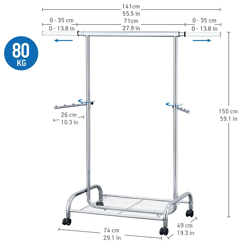 Tatkraft Bull - Schwerlast Kleiderständer, mit Schuhablage, Garderobenwagen, Verstellbar, Kleiderstange Rollbar, Chrom Stahl