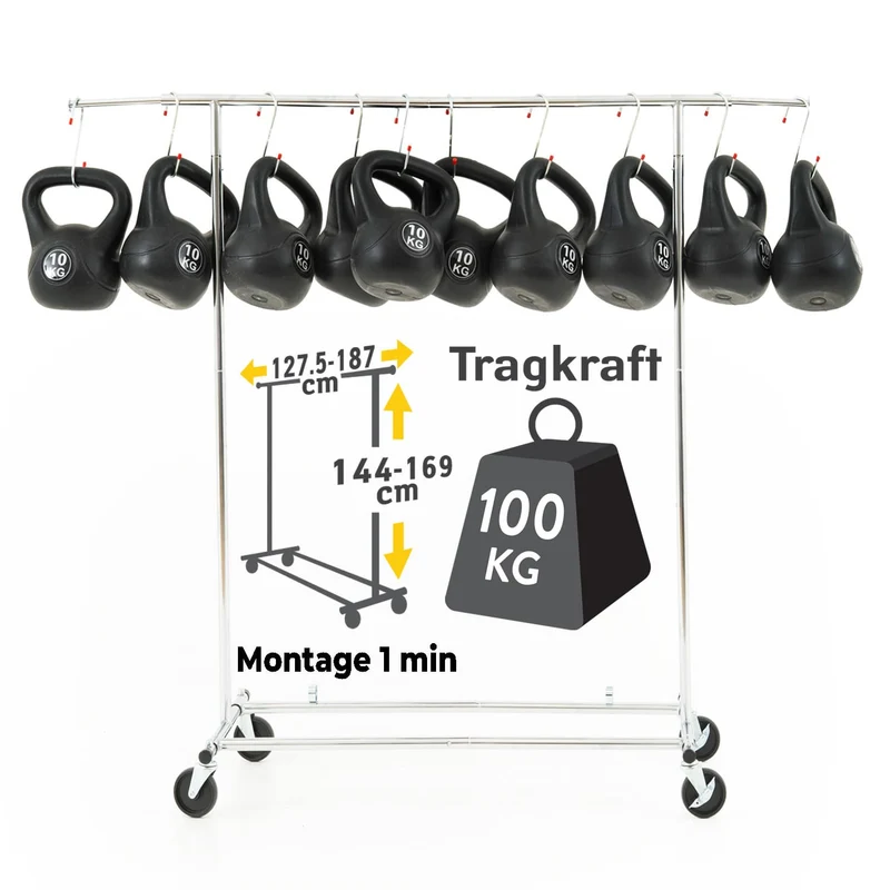 Tatkraft Drogo Schwerlast-Kleiderständer auf Rollen, bis 100kg, Montage in 1Min, Profi, Kleiderständer Stabil, Verstellbar,Klappbar, Verchromter Stahl