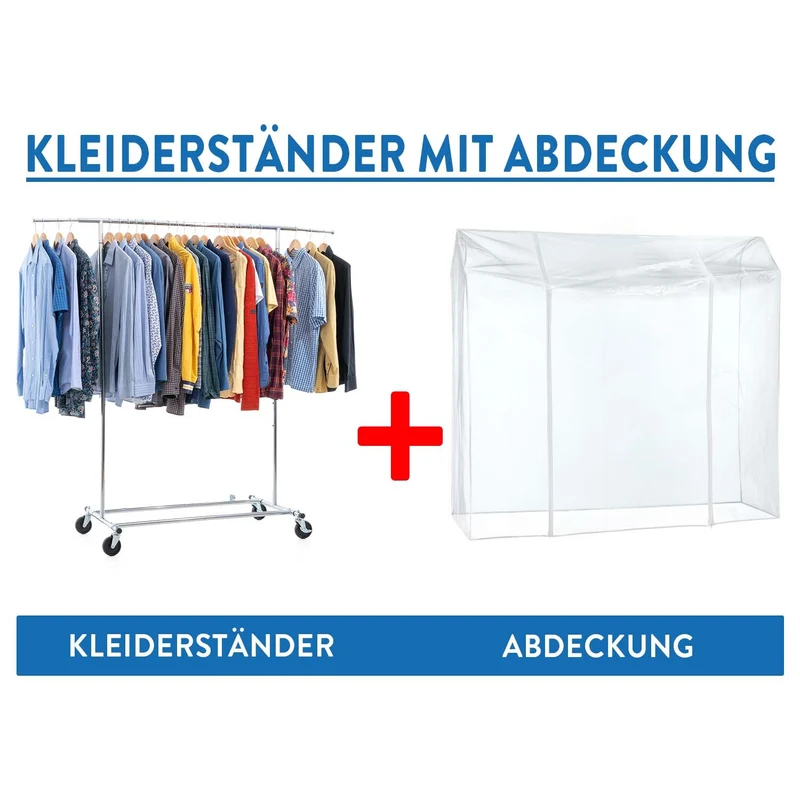 Tatkraft Drogo & Big Schwerlast Kleiderständer mit Schutzhülle, Faltschrank Stabil auf Rollen, bis 100Kg, Profi, Faltbar, Verstellbar, Verchromt Stahl