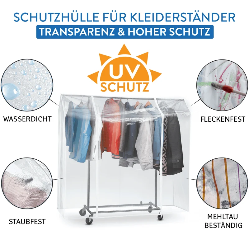 Tatkraft Anwalt – Abdeckung Kleiderständer, Schutzhülle für Kleiderständer, UV-Schutz, 130×60×160 cm, transparent, 2 Reißverschlüsse