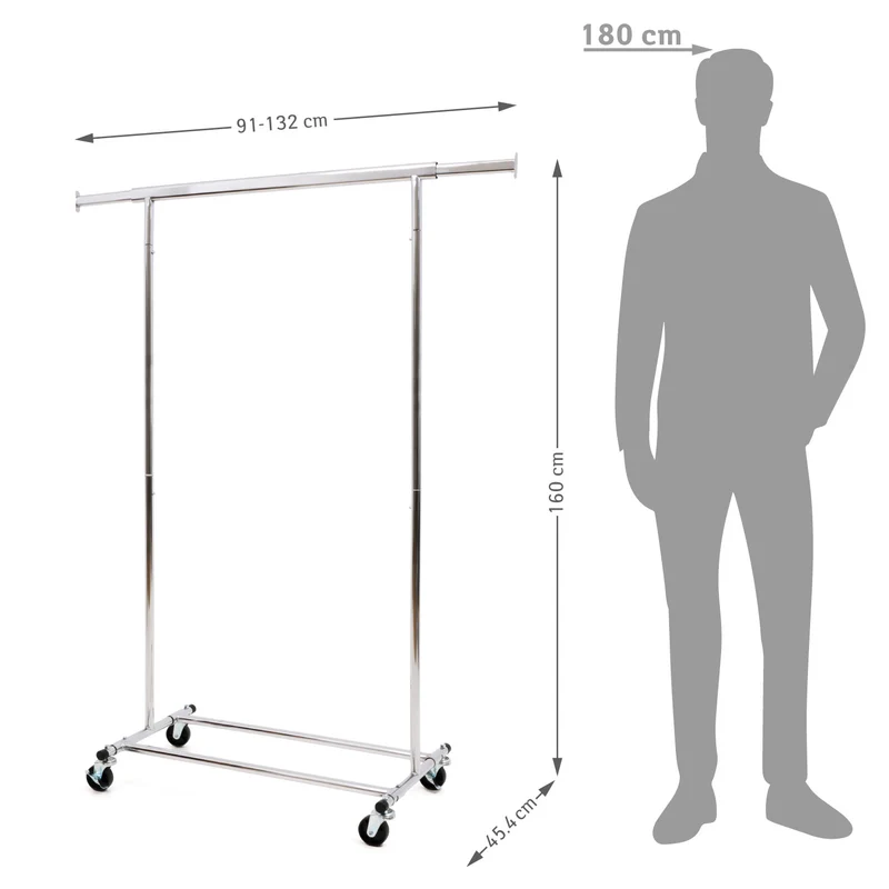 Tatkraft Danko – Kleiderständer auf Rollen, bis 100 kg, Schwerlast-Kleiderständer, Klappbar, Kleiderstange 91–132×45,5×160 cm, verchromter Stahl