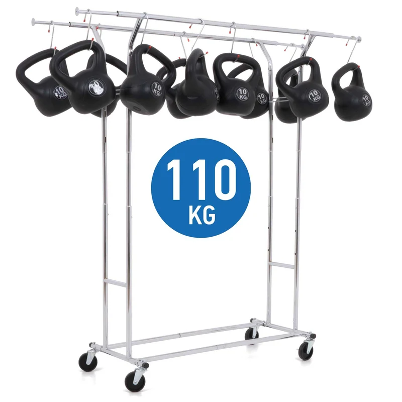 Tatkraft Denver – Schwerlast-Kleiderständer auf Rollen, bis 110 kg, 2 Kleiderstangen 129–169×55×148–172 cm, Montage in 1 Minute, verchromter Stahl