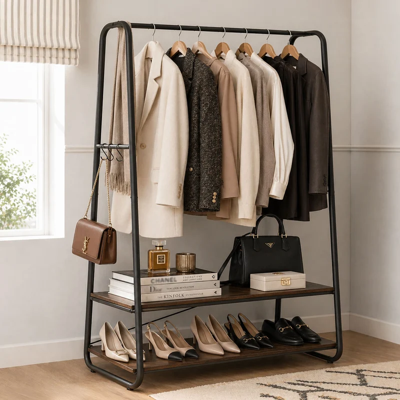 Tatkraft Anneli – Schwerlast-Kleiderständer, bis 170 kg, 100×45×160 cm, Garderobenständer Stabil, mit 2 Ablagen, 6 S-Haken, Schwarz/Rustikalbraun