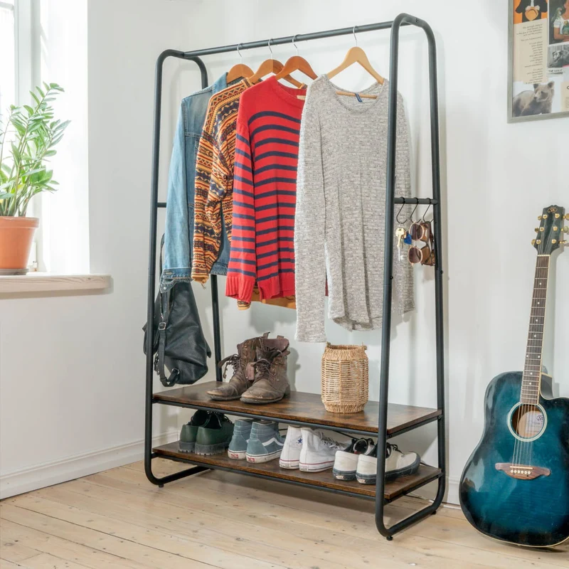 Tatkraft Anneli – Schwerlast-Kleiderständer, bis 170 kg, 100×45×160 cm, Garderobenständer Stabil, mit 2 Ablagen, 6 S-Haken, Schwarz/Rustikalbraun