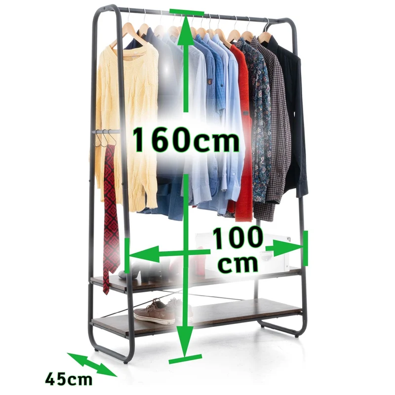 Tatkraft Anneli – Schwerlast-Kleiderständer, bis 170 kg, 100×45×160 cm, Garderobenständer Stabil, mit 2 Ablagen, 6 S-Haken, Schwarz/Rustikalbraun