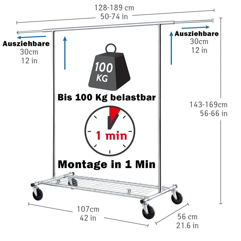 Tatkraft Duncan Schwerlast-Kleiderständer auf Rollen, Profi, bis 100 kg, mit Ablage, Montage in 1 Minute, 128–189 ×56×143–169 cm, verchromter Stahl