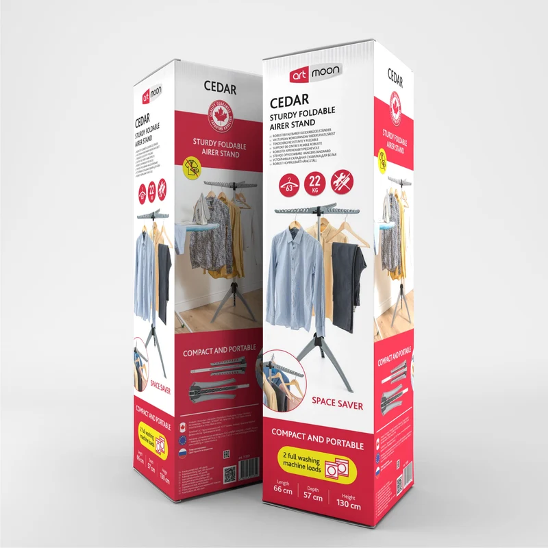 art moon Cedar – Platzsparender, klappbarer Bügelwäscheständer für 63 Kleiderbügel, bis 22 kg, pulverbeschichteter Stahl und ABS, Grau