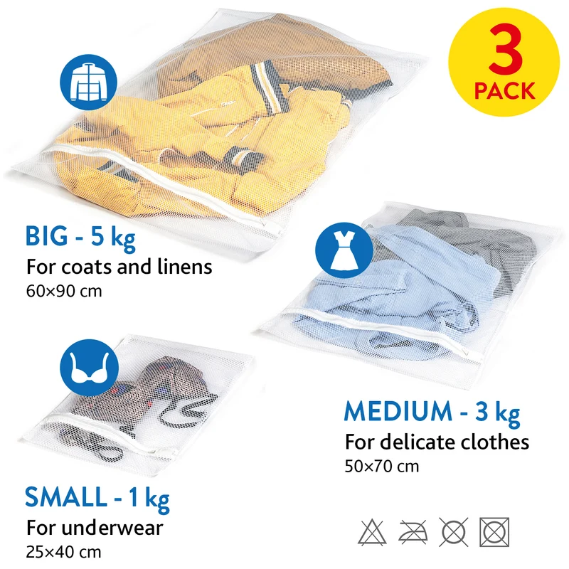 art moon Trio 3 Stück Wäschesack für Waschmaschine 3er Set - 60x90cm(5 kg), 70x50cm(3 kg) , 50x40cm(1 kg), Ideal für Feinwäsche, Unterwäsche, Mäntel