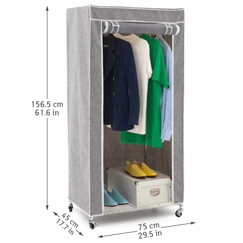 Art Moon Buffalo – Schwerlast Faltschrank mit Rollen, bis 70 kg, Kleiderständer, Mobiler Kleiderschrank mit 2 Ablagen und Kleiderstange, Stahl, Grau