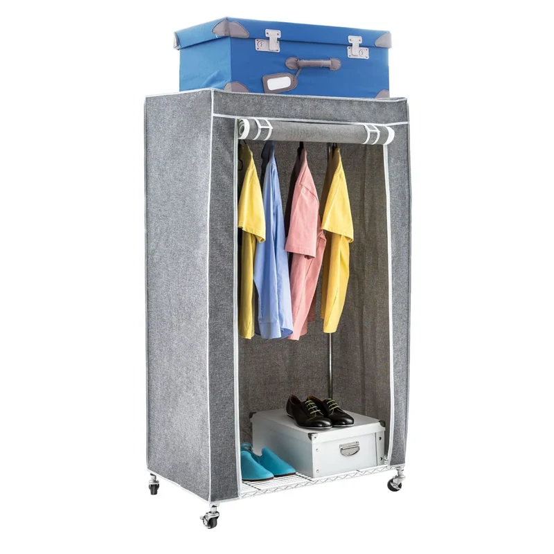 Art Moon Buffalo – Schwerlast Faltschrank mit Rollen, bis 70 kg, Kleiderständer, Mobiler Kleiderschrank mit 2 Ablagen und Kleiderstange, Stahl, Grau