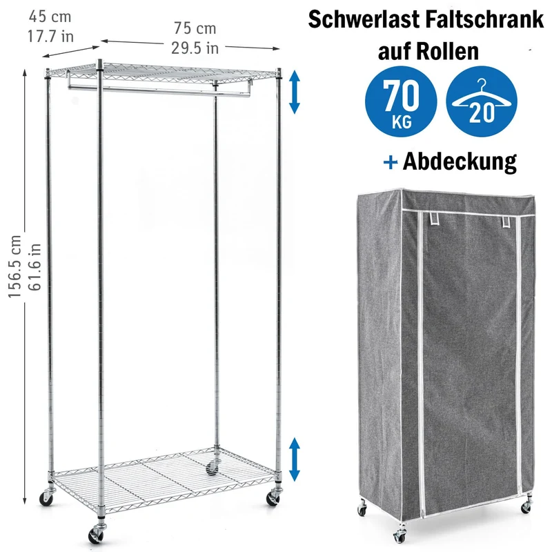 Art Moon Buffalo – Schwerlast Faltschrank mit Rollen, bis 70 kg, Kleiderständer, Mobiler Kleiderschrank mit 2 Ablagen und Kleiderstange, Stahl, Grau