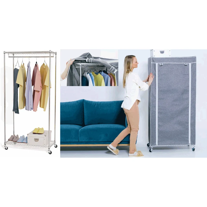 Art Moon Buffalo – Schwerlast Faltschrank mit Rollen, bis 70 kg, Kleiderständer, Mobiler Kleiderschrank mit 2 Ablagen und Kleiderstange, Stahl, Grau