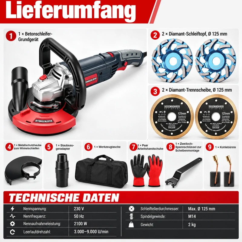 XIIW Winkelschleifer 2100W, 125 mm, 3000–9000 U/min, mit Staubabsaugung, 2 Schleiftöpfen & 2 Trennscheiben