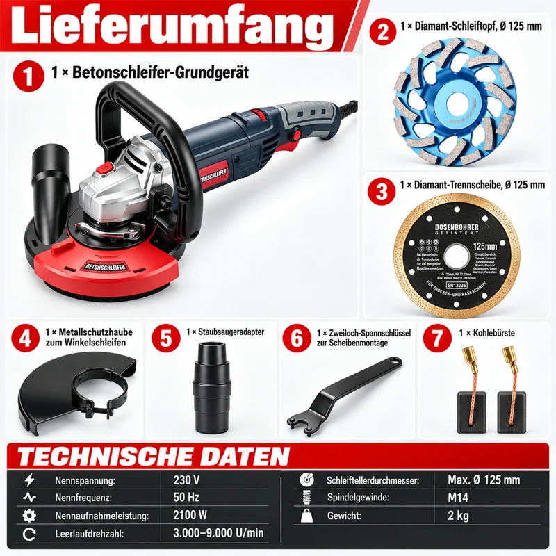 XIIW Winkelschleifer 2100W, 125 mm, 3000–9000 U/min, mit Staubabsaugung & Diamant-Schleiftopf