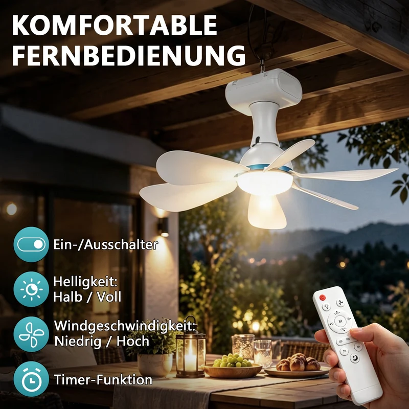 XIIW Solar Camping Ventilator mit LED Licht, 6000mAh Akku, Solarpanel, Fernbedienung & Timer, 3 Lichtfarben, für Zelt & Wohnmobil