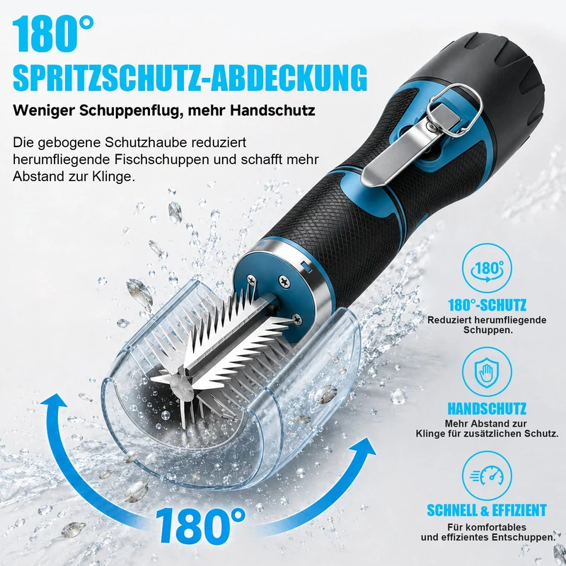 XIIW Elektrischer Fischentschupper 650W 7500 U/min, Fischschupper mit 2×2200mAh Akkus, 304 Edelstahl, abwaschbar, 180° Schutzhaube