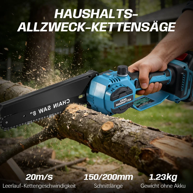 XIIW Akku Mini-Kettensäge 900 W, 6/8 Zoll, bürstenlos, 28000 U/min, 2 x 2,0 Ah Akkus, Kettenschmierung & werkzeuglose Spannung