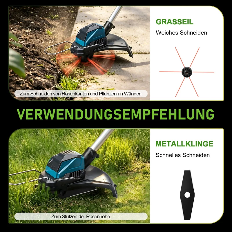 XIIW Akku Freischneider 1200 W, 16800 U/min, 2 x 4,0 Ah Akkus, 3 Unkrautbürsten, Metallmesser und Kreissägeblatt