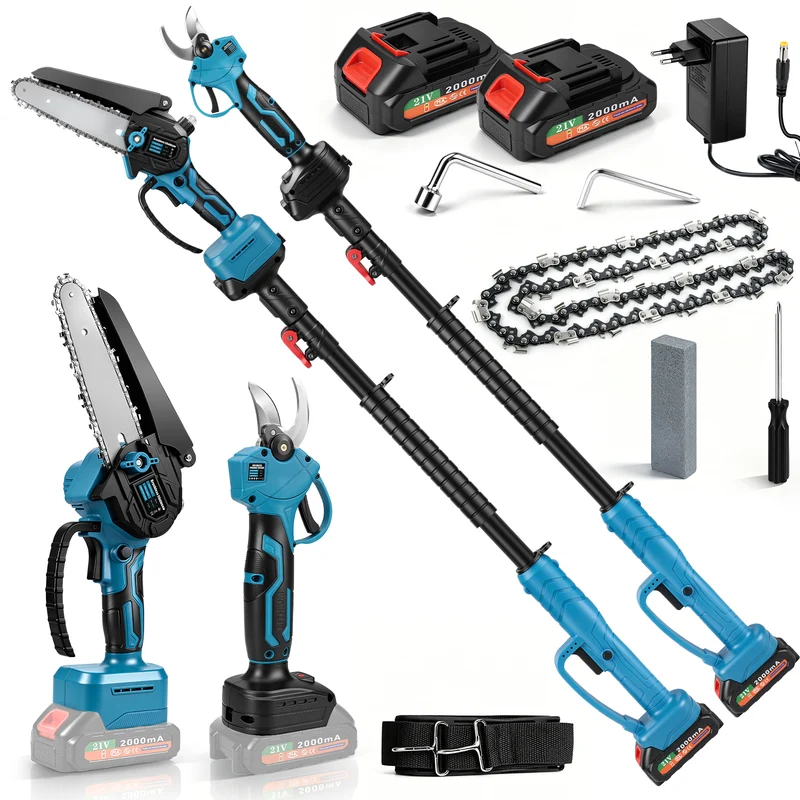 4-in-1 Akku Hochentaster Set 600W, Teleskopstange 1,05-1,7 m, Arbeitshöhe bis 4 m, 6 Zoll Mini-Kettensäge & Gartenschere, mit 2x 2,0Ah Akku